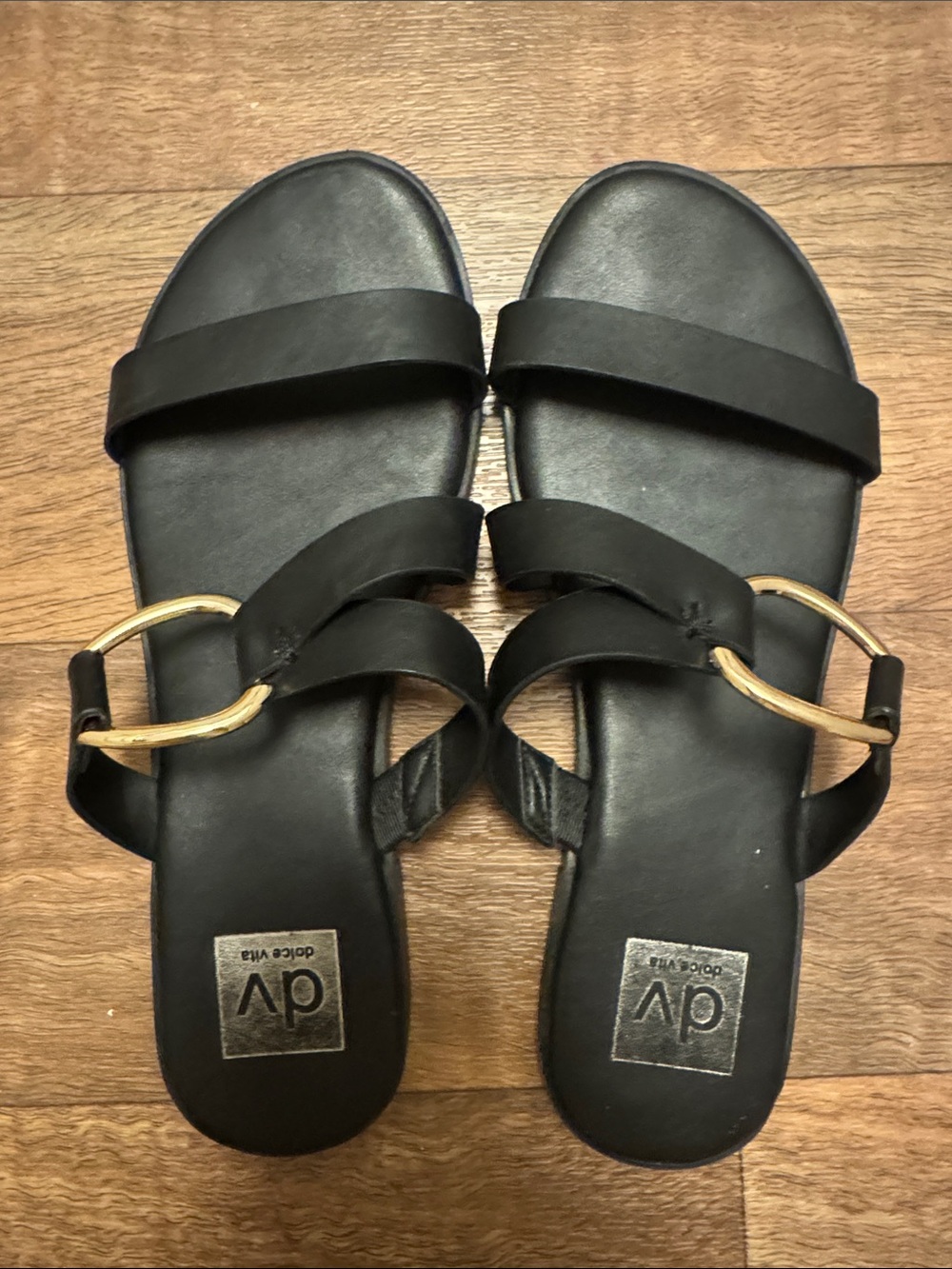Dolce Vita Black Slide Sandals with Gold Ring Detail